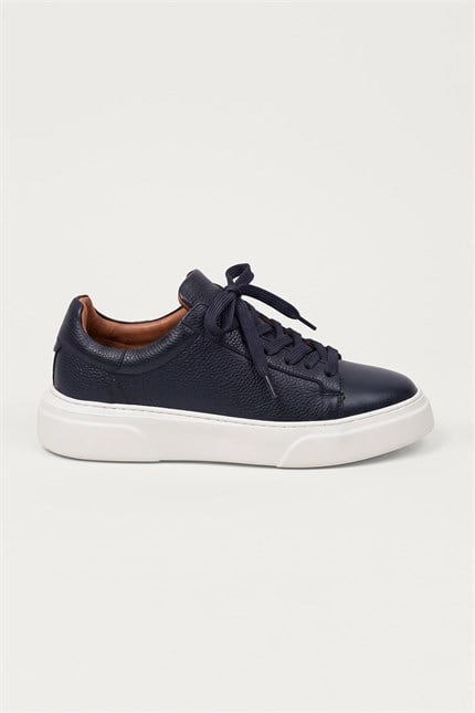 Erkek Hakiki Deri Kalın Taban Sneaker Ayakkabı Lacivert