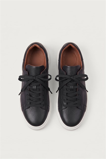 Erkek Hakiki Deri Kalın Taban Sneaker Ayakkabı Siyah/Beyaz