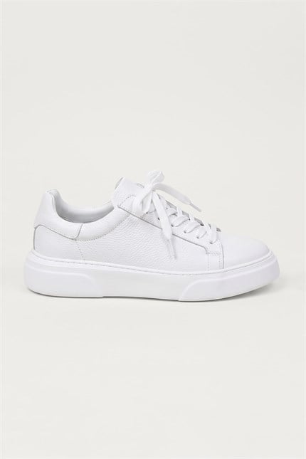 Erkek Hakiki Deri Kalın Taban Sneaker Ayakkabı Beyaz