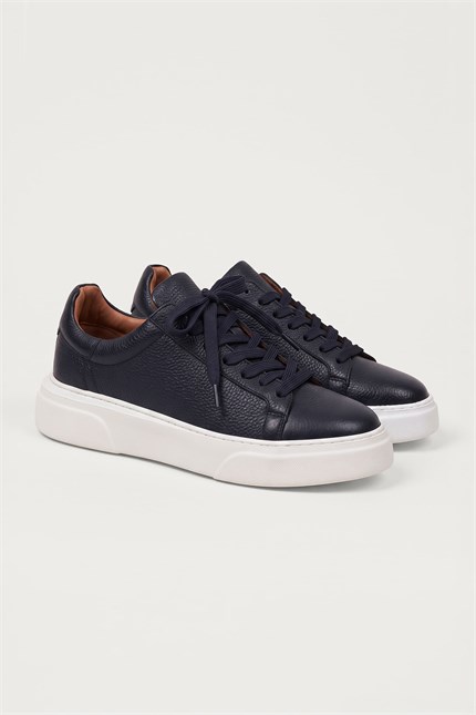 Erkek Hakiki Deri Kalın Taban Sneaker Ayakkabı Lacivert