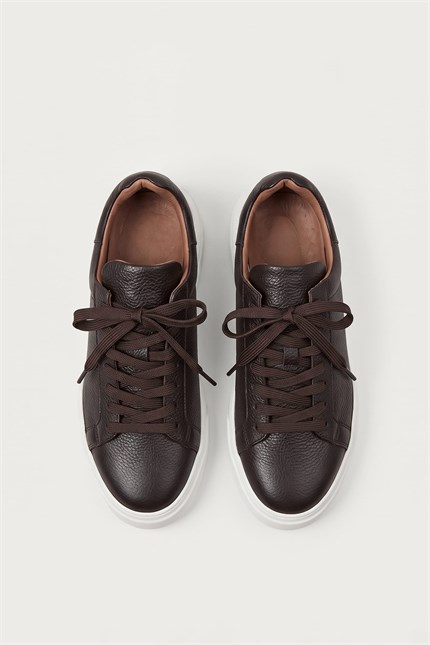 Erkek Hakiki Deri Kalın Taban Sneaker Ayakkabı Kahverengi