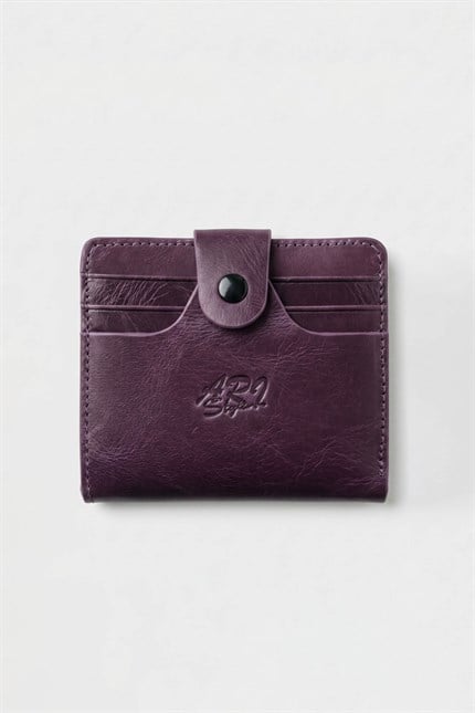 Erkek Hakiki Deri Trifold Çıtçıtlı Klasik Cüzdan Mürdüm