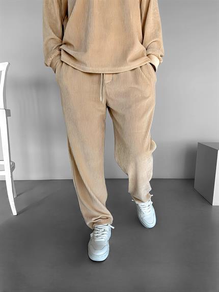 Erkek Jogger Esnek Rahat Beli Lastikli Fitilli Kadife Pantolon Bej