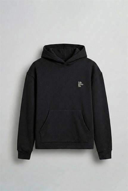 Erkek Kabartmalı Baskılı Kapüşonlu Hoodie Siyah