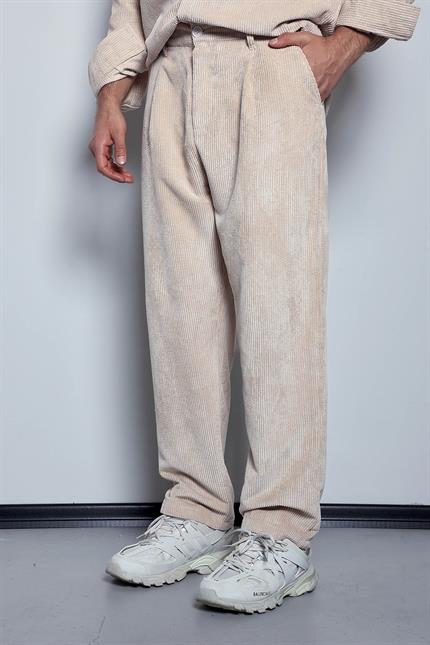 Erkek Kadife Dokulu Baggy Fit Pantolon Taş Rengi