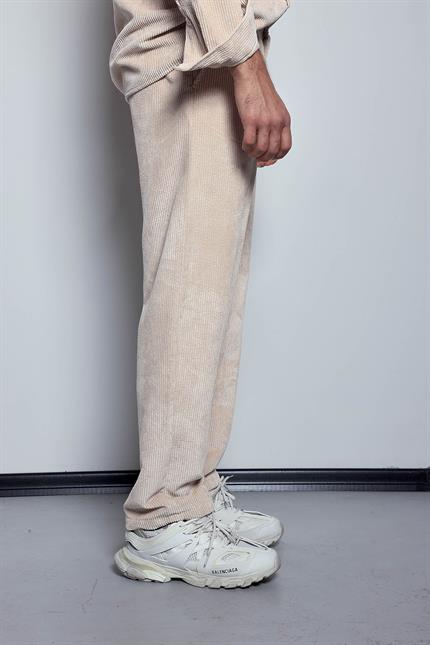 Erkek Kadife Dokulu Baggy Fit Pantolon Taş Rengi