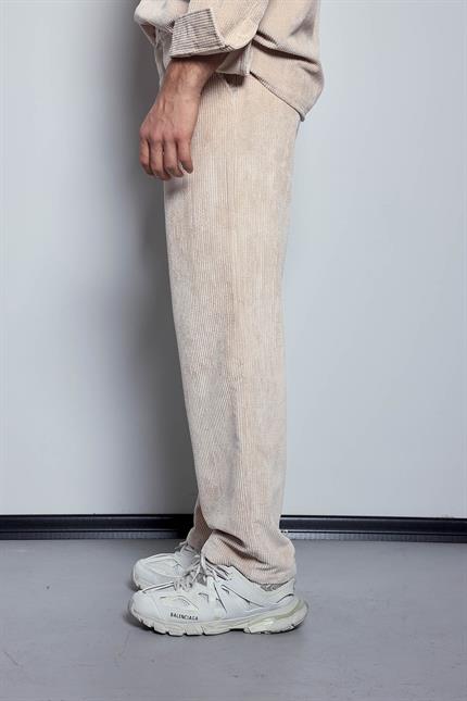 Erkek Kadife Dokulu Baggy Fit Pantolon Taş Rengi