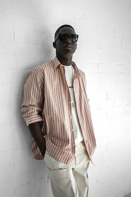 Erkek Kareli Desenli Oversize Gömlek Pudra