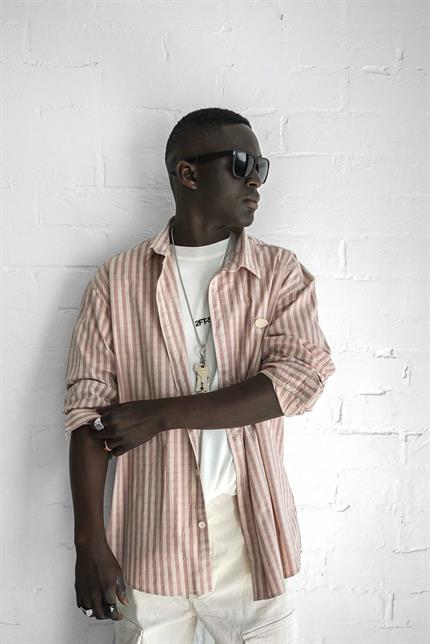 Erkek Kareli Desenli Oversize Gömlek Pudra