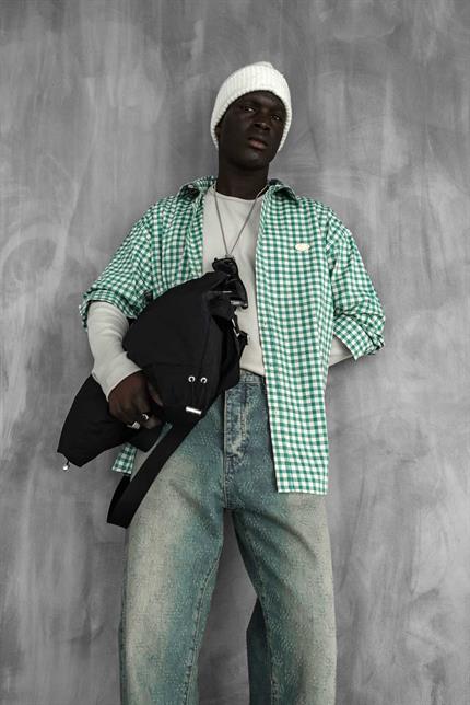 Erkek Kareli Desenli Oversize Gömlek Yeşil