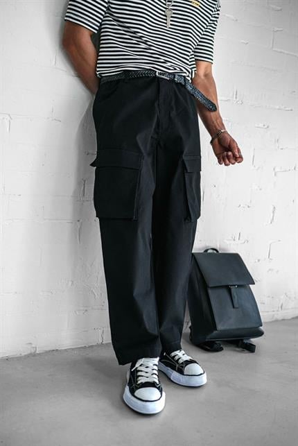 Erkek Kargo Cepli Esnek Baggy Pantolon Siyah
