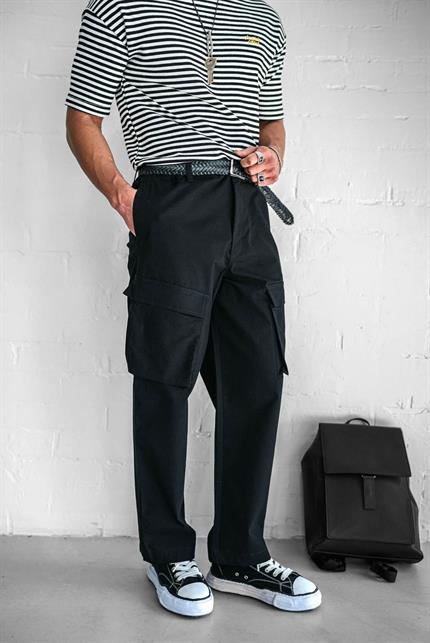 Erkek Kargo Cepli Esnek Baggy Pantolon Siyah