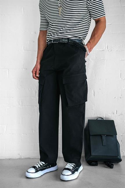 Erkek Kargo Cepli Esnek Baggy Pantolon Siyah