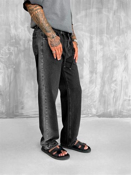 Erkek Kemer Detaylı Yıkamalı Baggy Fit Pantolon Siyah