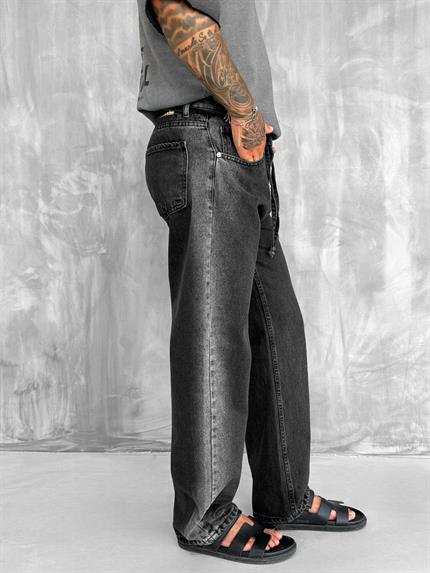 Erkek Kemer Detaylı Yıkamalı Baggy Fit Pantolon Siyah