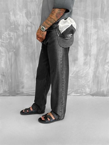 Erkek Kemer Detaylı Yıkamalı Baggy Fit Pantolon Siyah