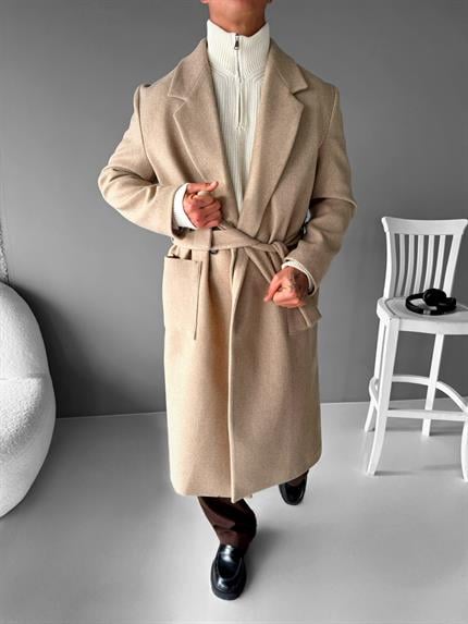 Erkek Kemerli İtalyan Kaşe Kaban Açık Kahve