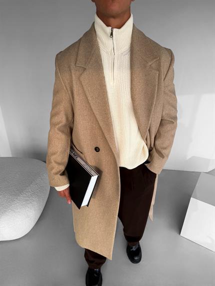 Erkek Kemerli İtalyan Kaşe Kaban Açık Kahve