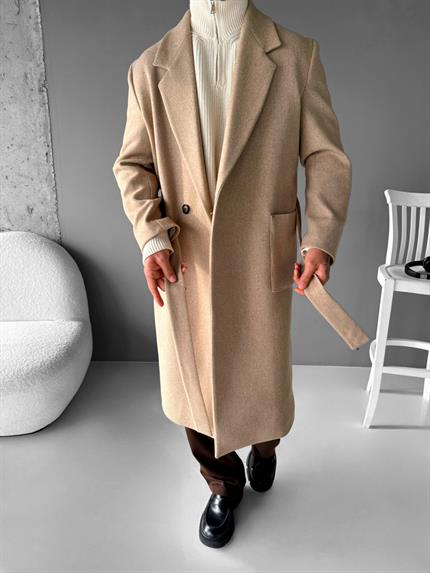 Erkek Kemerli İtalyan Kaşe Kaban Açık Kahve