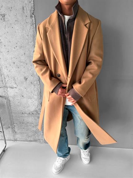 Erkek Kemerli İtalyan Kaşe Kaban Taba