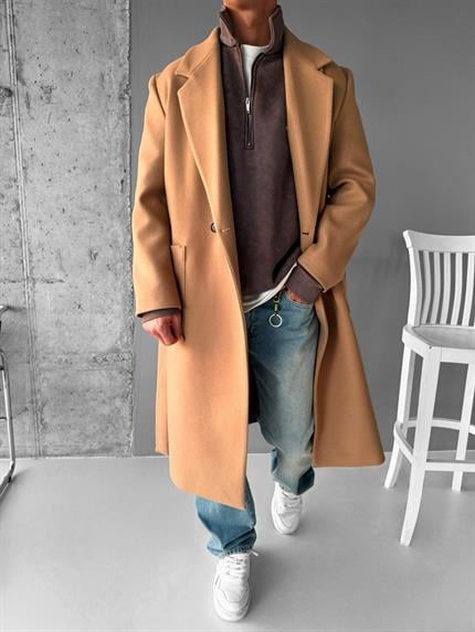 Erkek Kemerli İtalyan Kaşe Kaban Taba