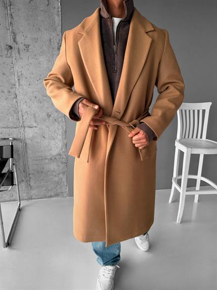 Erkek Kemerli İtalyan Kaşe Kaban Taba