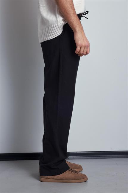 Erkek Keten Görünümlü Beli Lastikli Baggy Pantolon Siyah