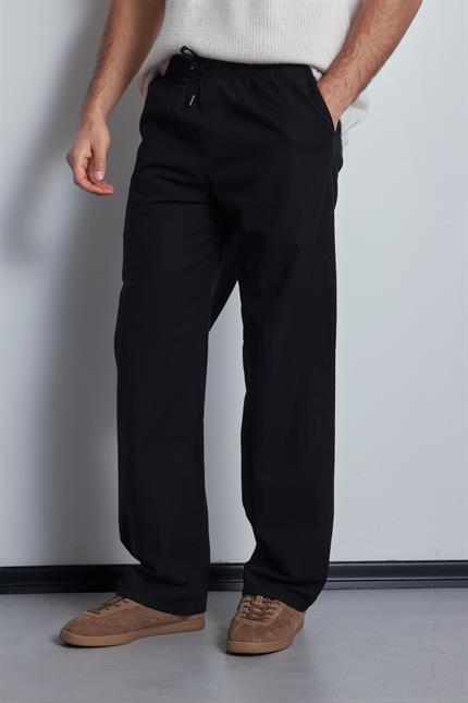 Erkek Keten Görünümlü Beli Lastikli Baggy Pantolon Siyah
