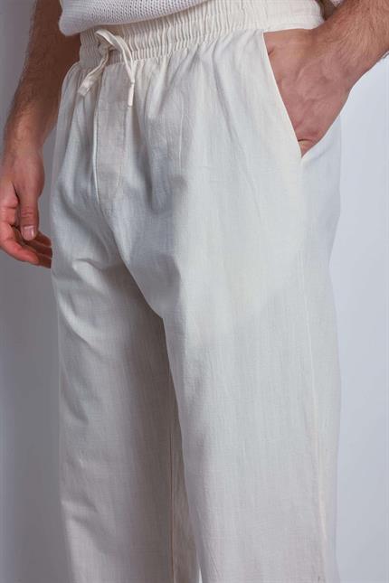 Erkek Keten Görünümlü Beli Lastikli Baggy Pantolon Bej