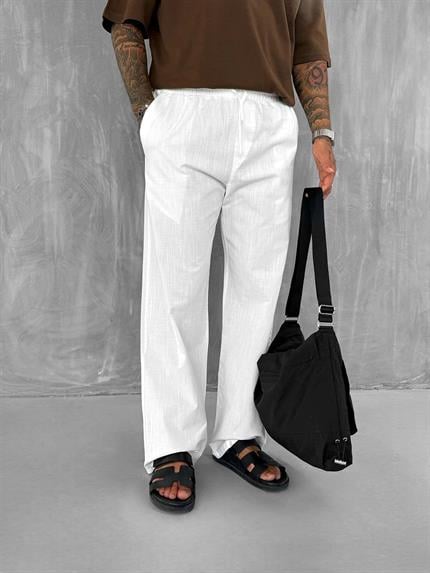 Erkek Keten Görünümlü Beli Lastikli Baggy Pantolon Beyaz