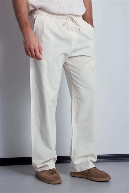 Erkek Keten Görünümlü Beli Lastikli Baggy Pantolon Bej
