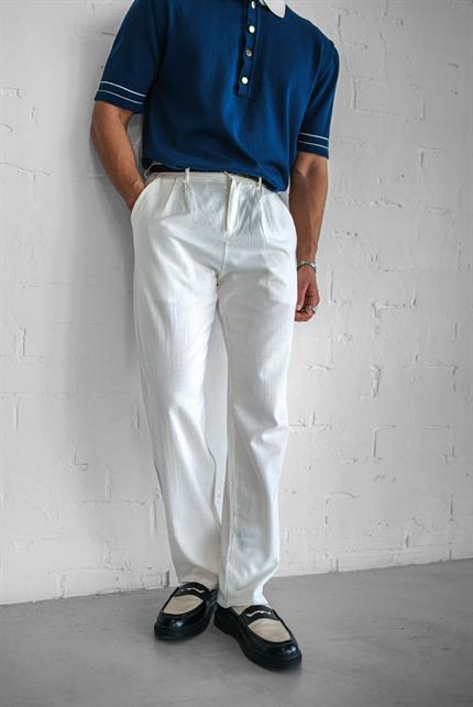 Erkek Keten Görünümlü Rahat Regular Yazlık Pantolon Beyaz