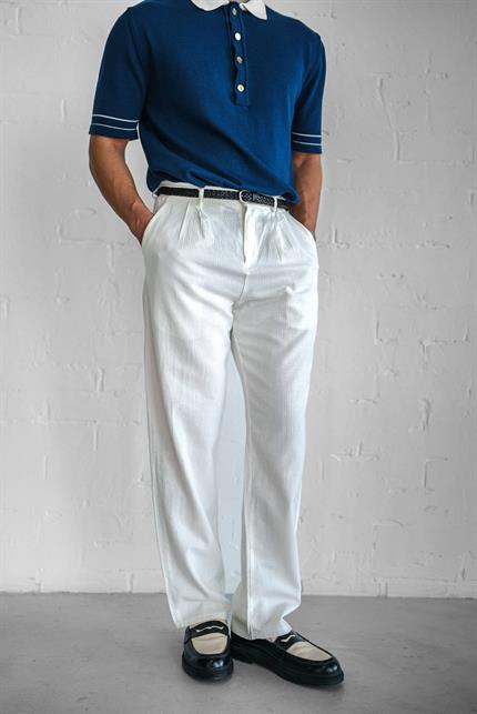 Erkek Keten Görünümlü Rahat Regular Yazlık Pantolon Beyaz