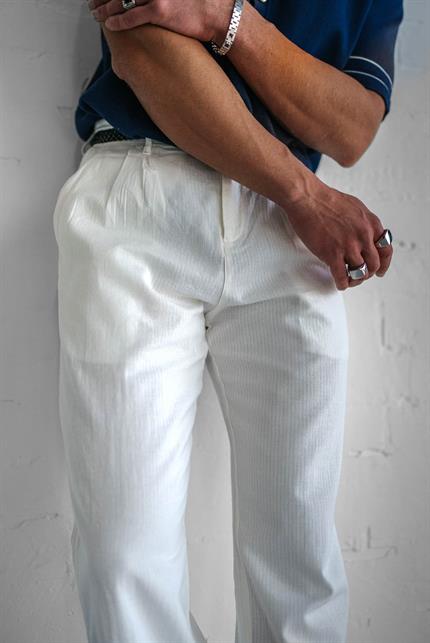 Erkek Keten Görünümlü Rahat Regular Yazlık Pantolon Beyaz