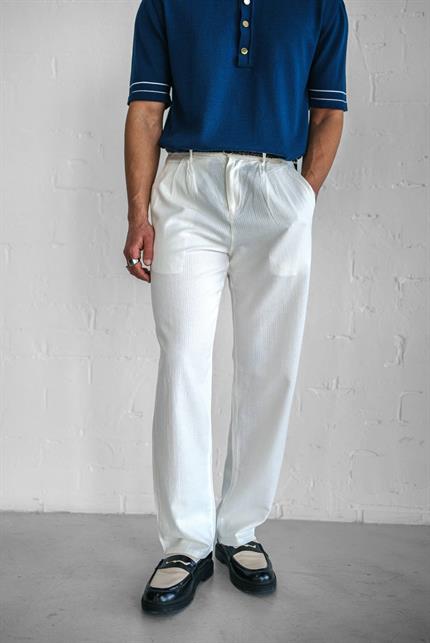 Erkek Keten Görünümlü Rahat Regular Yazlık Pantolon Beyaz