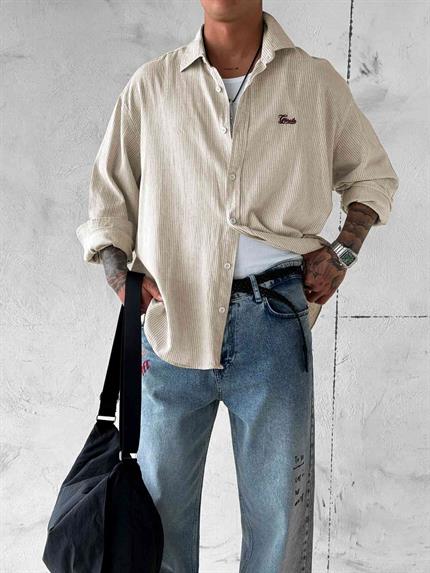 Erkek Keten Görünümlü Retro İşlemeli Oversize Gömlek Bej