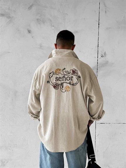 Erkek Keten Görünümlü Retro İşlemeli Oversize Gömlek Bej