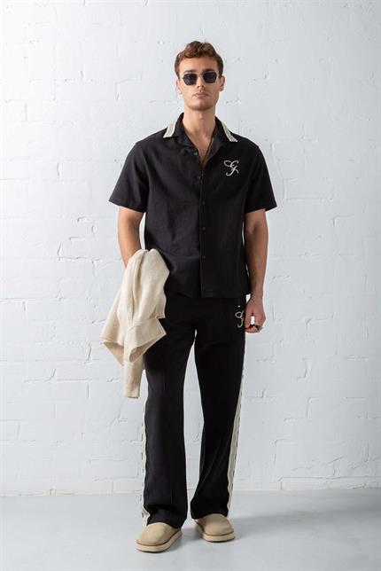 Erkek Keten Görünümlü Şeritli Baggy Fit Pantolon Siyah