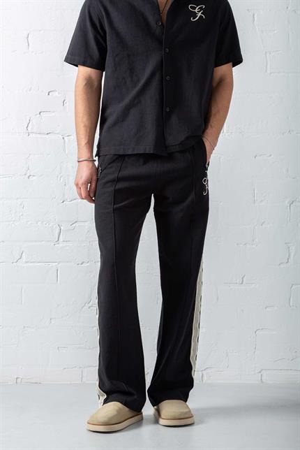 Erkek Keten Görünümlü Şeritli Baggy Fit Pantolon Siyah