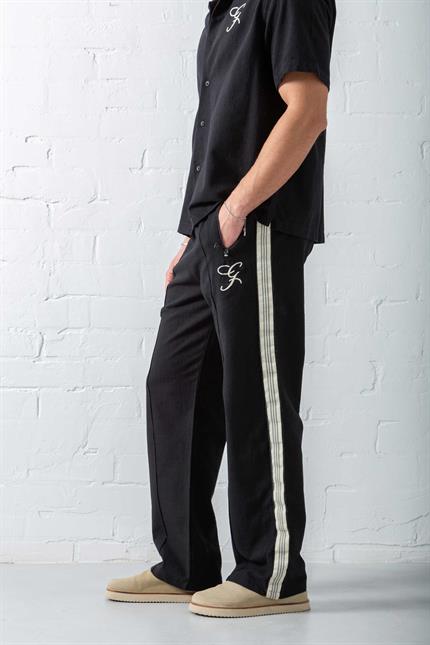 Erkek Keten Görünümlü Şeritli Baggy Fit Pantolon Siyah