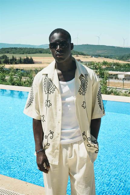 Erkek Keten Karışımlı Desenli Kısa Kollu Oversize Gömlek Bej