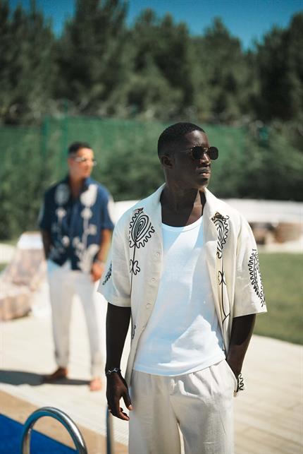 Erkek Keten Karışımlı Desenli Kısa Kollu Oversize Gömlek Bej