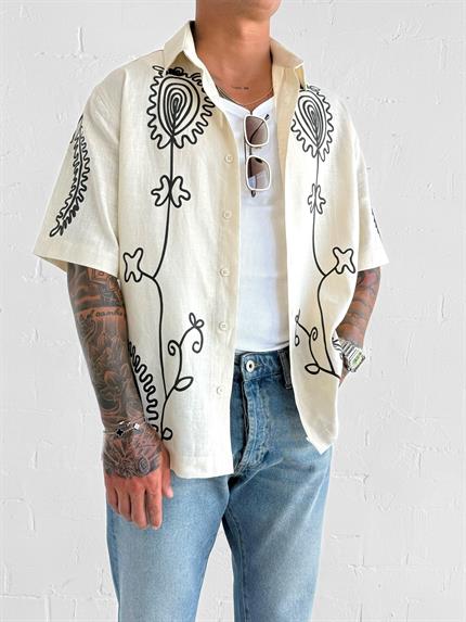 Erkek Keten Karışımlı Desenli Kısa Kollu Oversize Gömlek Bej