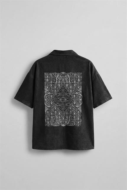Erkek Kısa Kollu Desen Baskılı Yıkamalı Oversize Gömlek Siyah