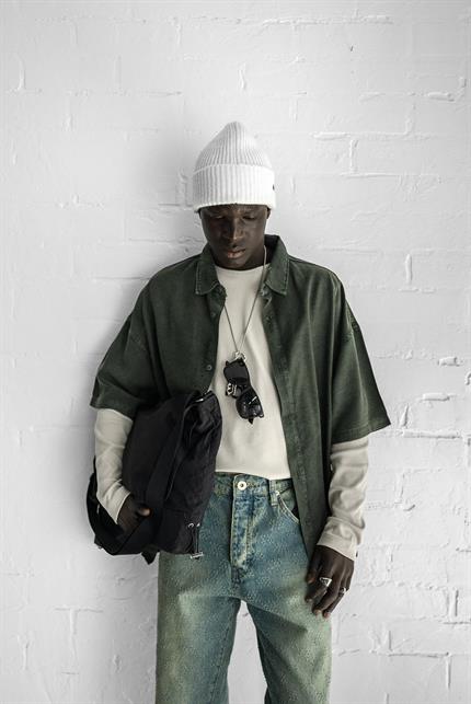 Erkek Kısa Kollu Desen Baskılı Yıkamalı Oversize Gömlek Haki