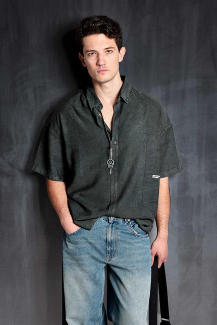 Erkek Kısa Kollu Desen Baskılı Yıkamalı Oversize Gömlek Haki