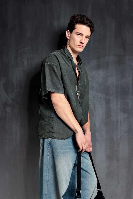 Erkek Kısa Kollu Desen Baskılı Yıkamalı Oversize Gömlek Haki