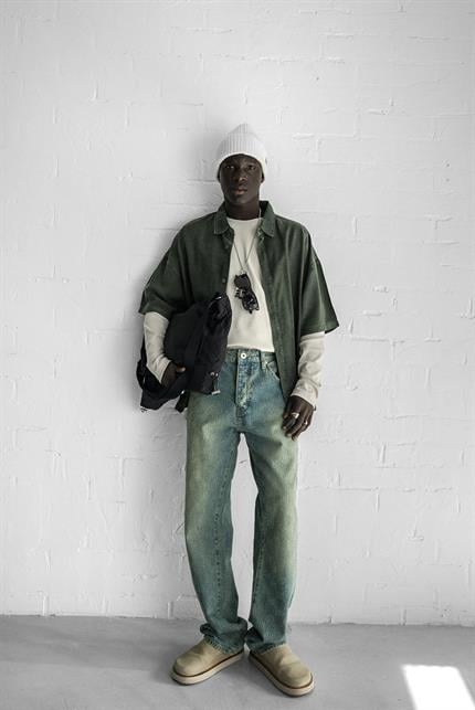 Erkek Kısa Kollu Desen Baskılı Yıkamalı Oversize Gömlek Haki