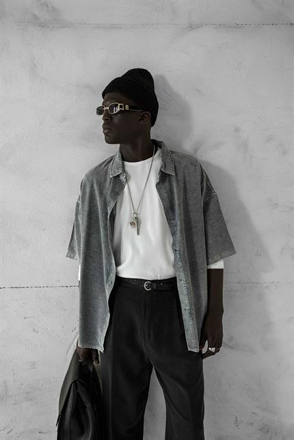 Erkek Kısa Kollu Desen Baskılı Yıkamalı Oversize Gömlek Gri