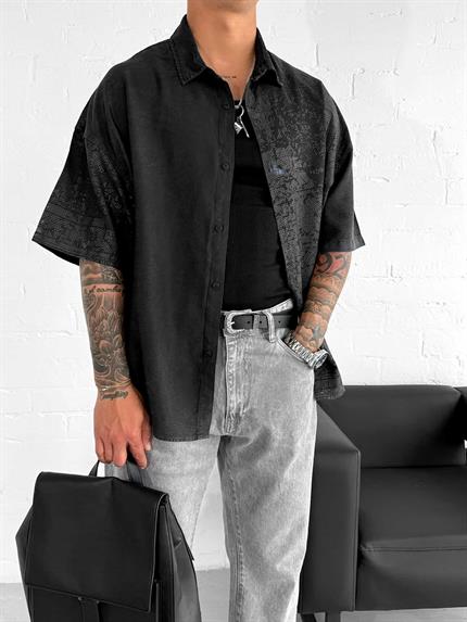 Erkek Kısa Kollu Desenli Oversize Gömlek Siyah